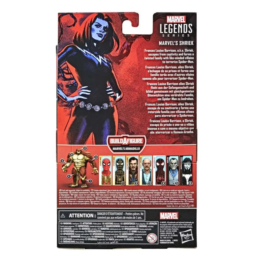 Marvel Legends Shriek-actionfigur med svart-röd kostym och silverdetaljer