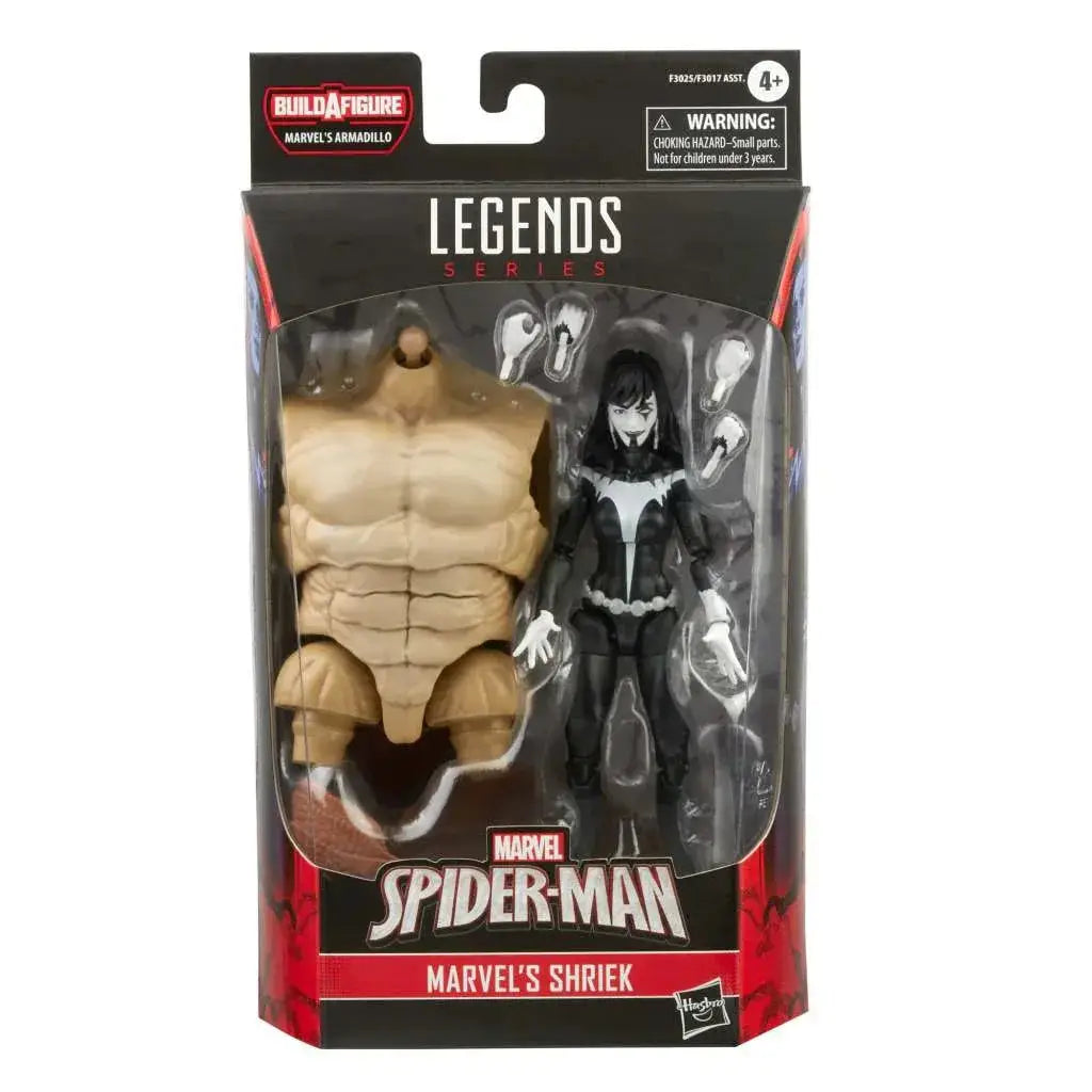 Marvel Legends Shriek actionfigur i svartvitt kostym med avtagbar tan pansar-torso i box