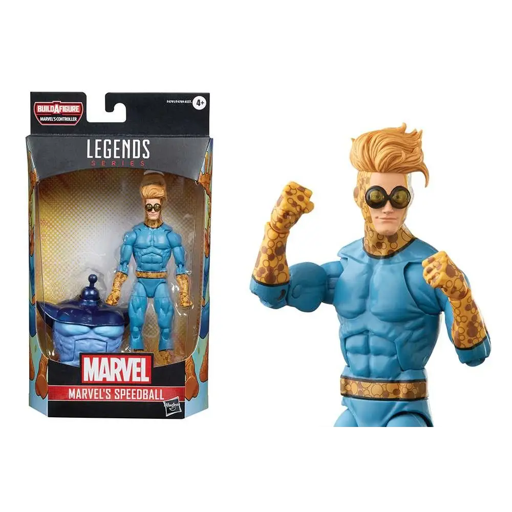 Marvel Legends Speedball actionfigur i blå-guld kostym med detaljerad muskulatur och svarta goggles