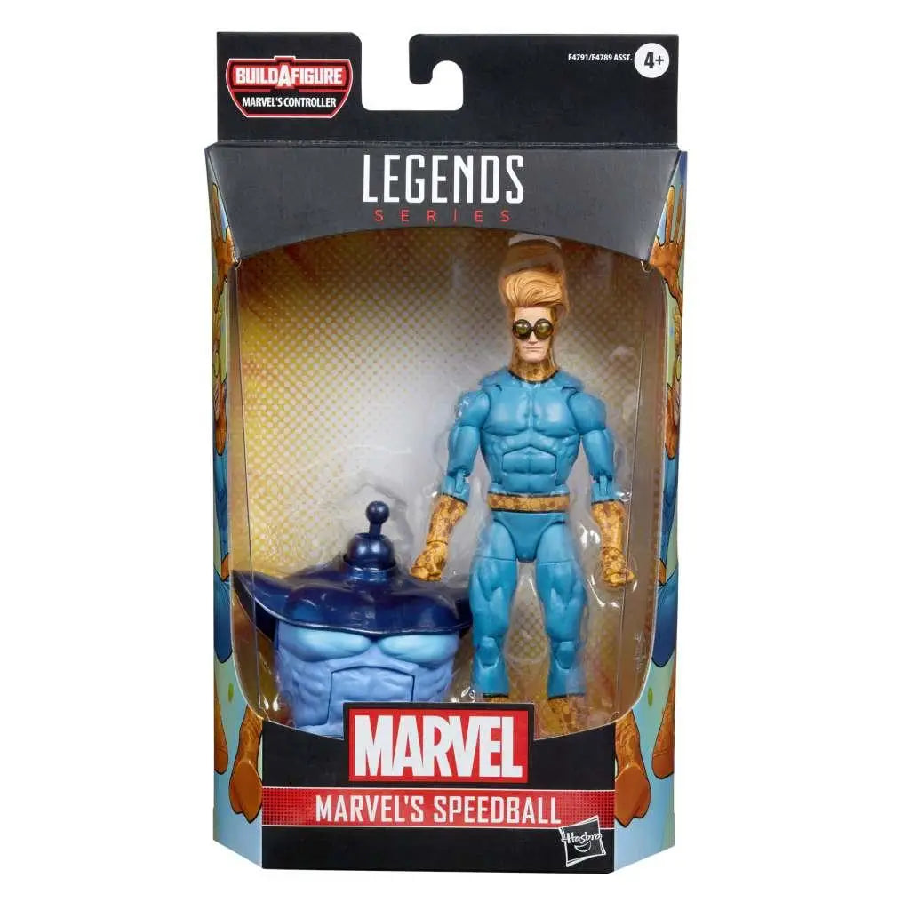 Marvel Legends Speedball actionfigur i blått och guld med svarta solglasögon i Hasbro-förpackning