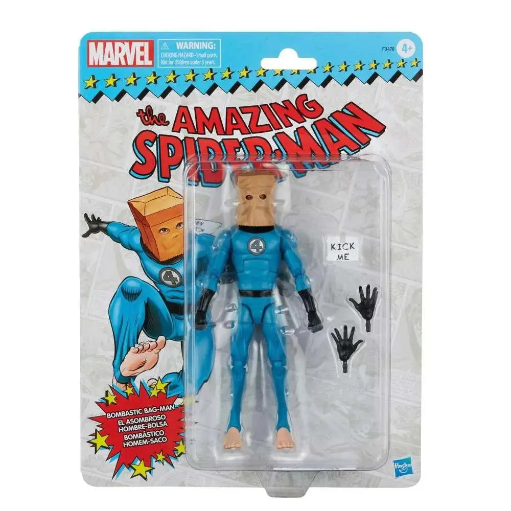 Blå Fantastic Four-figur som Bag-Man med brun papperspåse och svarta handskar i Marvel Legends-förpackning