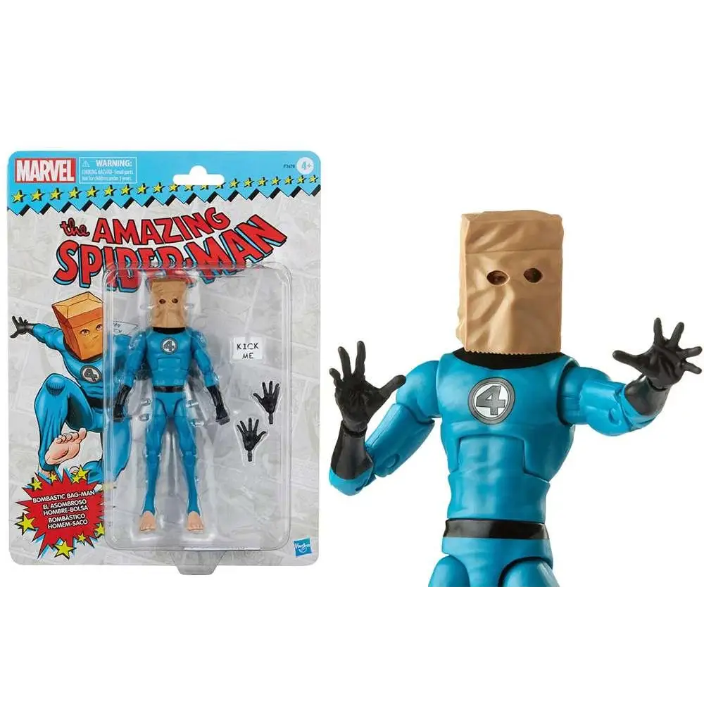 Blå och svart Fantastic Four-figur med brun papperspåse-huvud i Marvel Legends Spider-Man Bombastic Bag-Man-förpackning