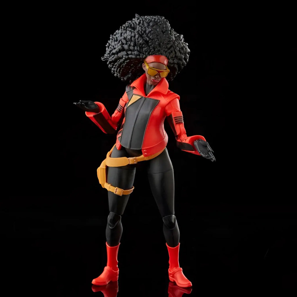 Marvel Legends Spider-Man Jessica Drew actionfigur med Storm i svart afro och rödsvart jacka