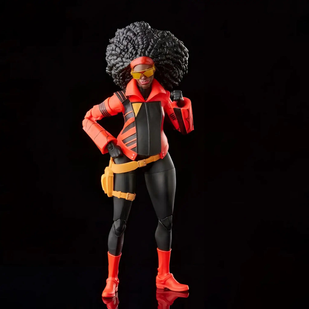 Marvel Legends Spider-Man: Jessica Drew actionfigur med Storm i orange svart jacka och afrofrisyr