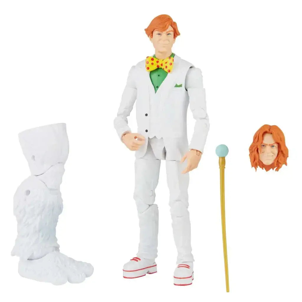 Orange-haired man in vitklädd med grön skjorta och gulprickig slips, bredvid avtagbart huvud och käpp, Marvel Legends Super Villains Arcade Action Figure