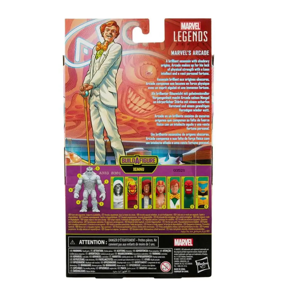 Marvel Legends Arcade figur av superskurk i vit kostym med orange hår och slips, förpackad