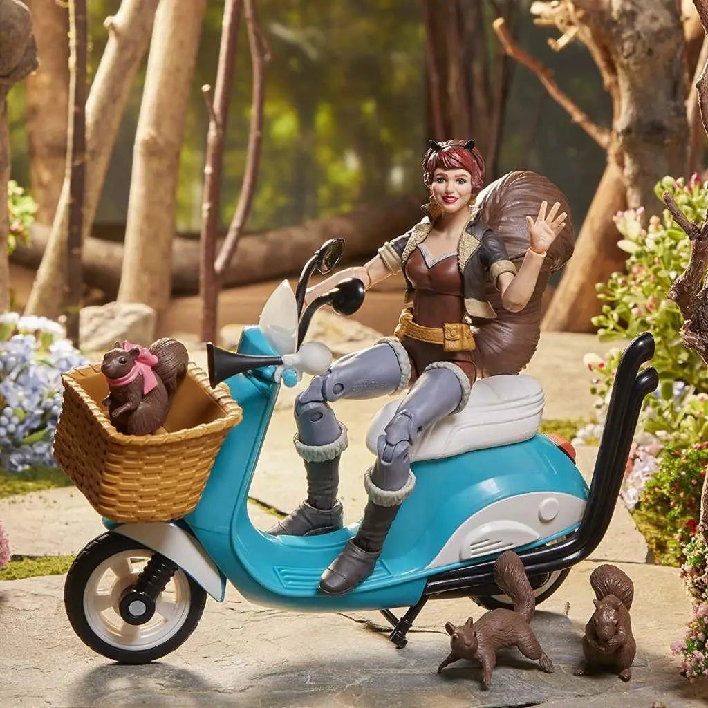 Blå och vit Marvel Legends Squirrel Girl Deluxe-actionfigur med scootrar och ekorrskulptur