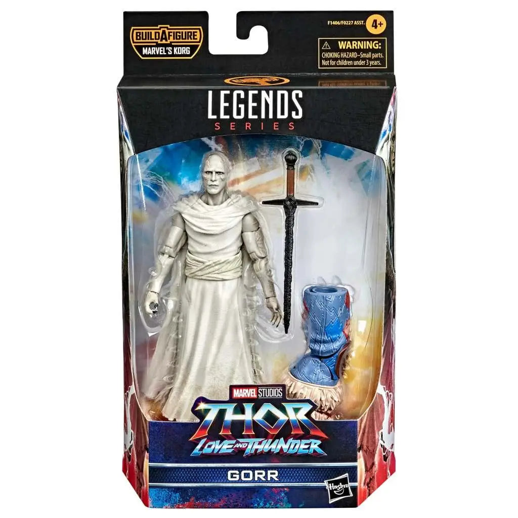 Marvel Legends Gorr actionfigur från Thor: Love and Thunder i vit plast, svartblå förpackning