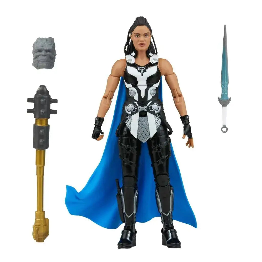 Svartvit rustad Thor-actionfigur med blå kappe från Marvel Legends Love and Thunder