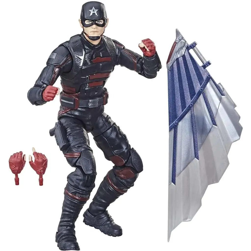 Svart och röd rustad US Agent-figur med silverstjärna på hjälmen bredvid skölden, Marvel Legends 15 cm