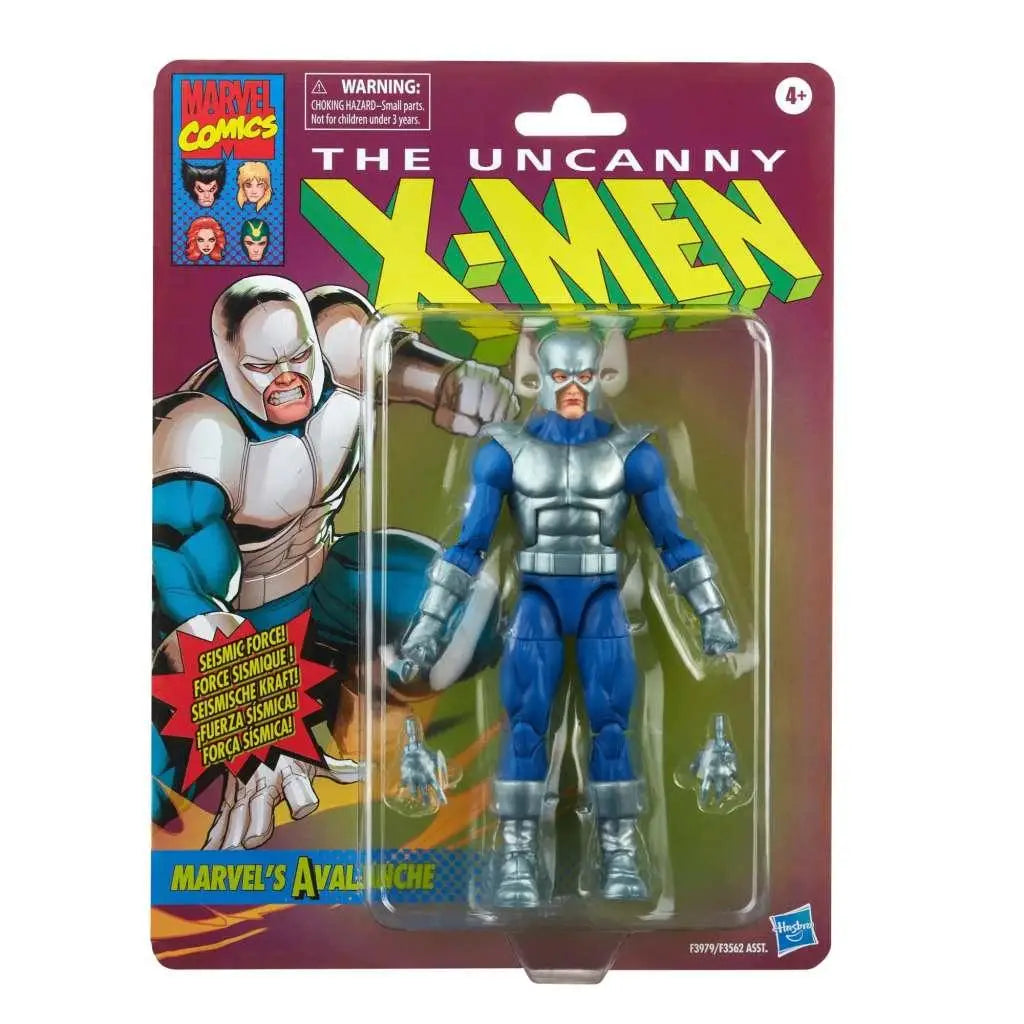 Marvel Legends Vintage Avalanche-figur i blå och silver rustning, retro-förpackning med Uncanny X-Men