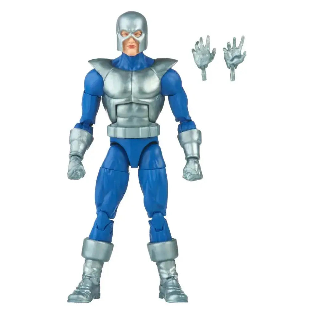 Blå och silverfärgad rustad Marvel Legends Vintage Avalanche-figur med metallhjälm