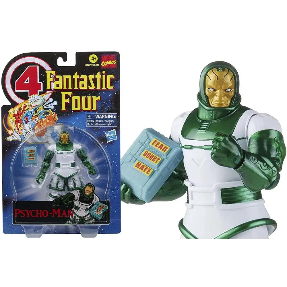 Grön och vit Psycho-Man-actionfigur från Marvel Legends Vintage Fantastic Four, håller blå låda med rädsla, tvivel och hat