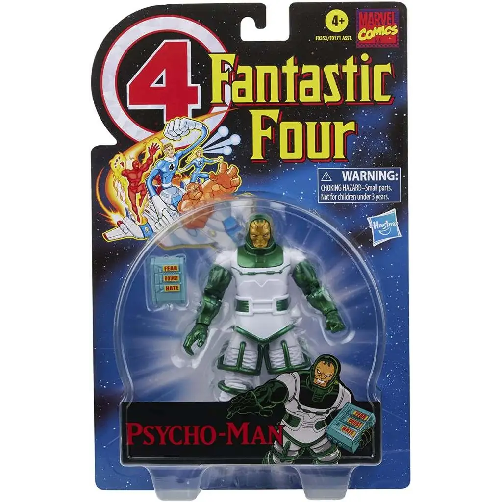Grön och vit Psycho-Man actionfigur från Marvel Legends Vintage Fantastic Four i klar plastförpackning