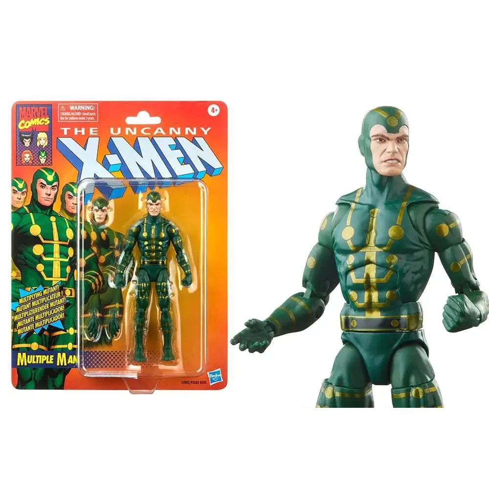Grön och guld rustad Multiple Man actionfigur i Marvel Legends vintage blisterpack