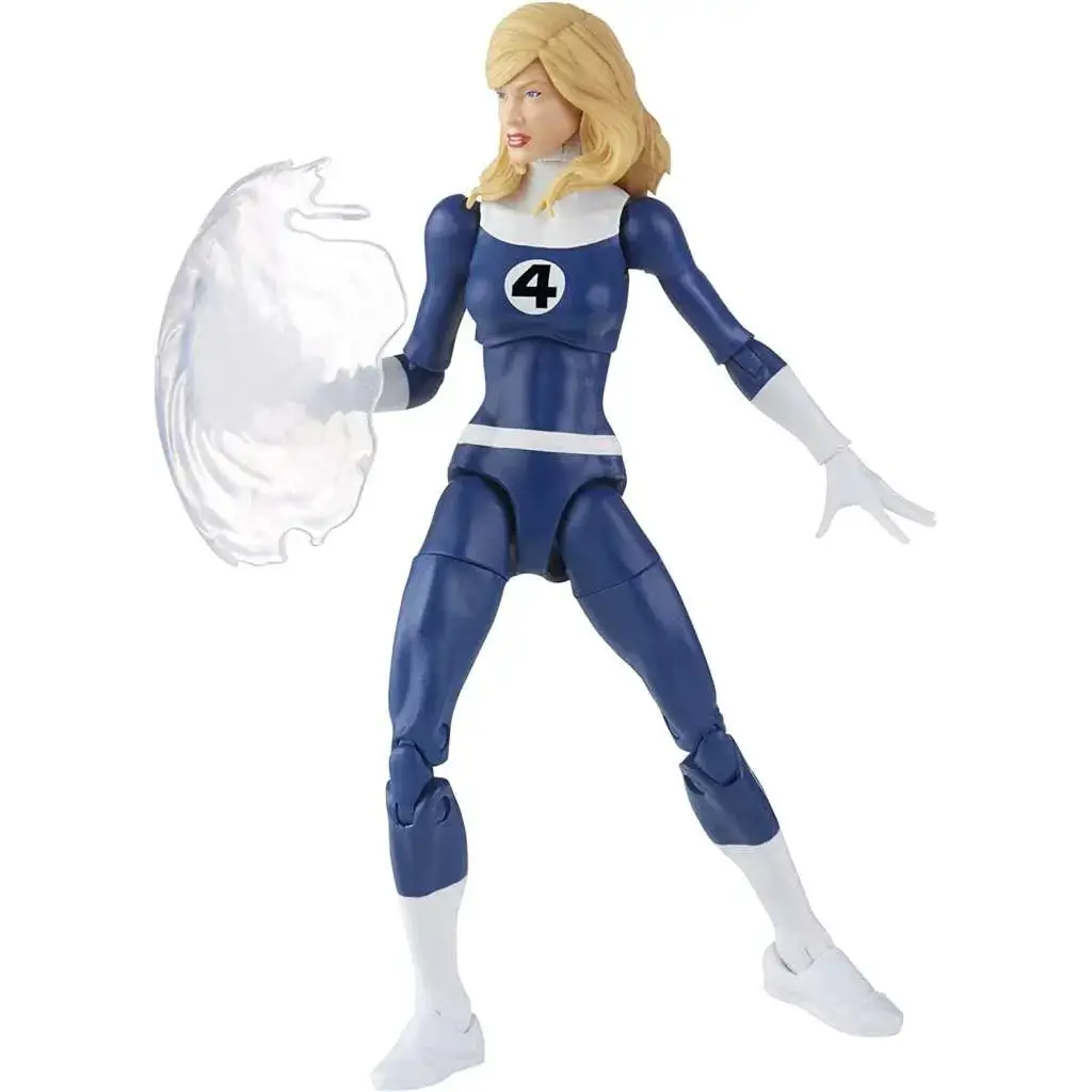 Blå och vit Marvel Legends Sue Storm-figur med blond hår och siffra 4