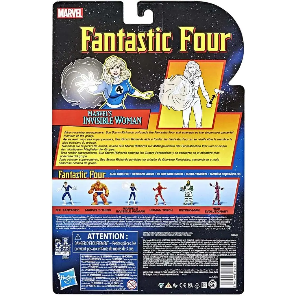 Marvel Legends Vintage Sue Storm figur i blå kostym med 4 på bröstet i Hasbro-blisterförpackning