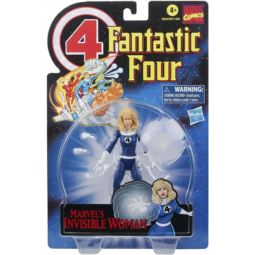 Marvel Legends Vintage Sue Storm Invisible Woman-figur i blå-vit dräkt med 4 på bröstet