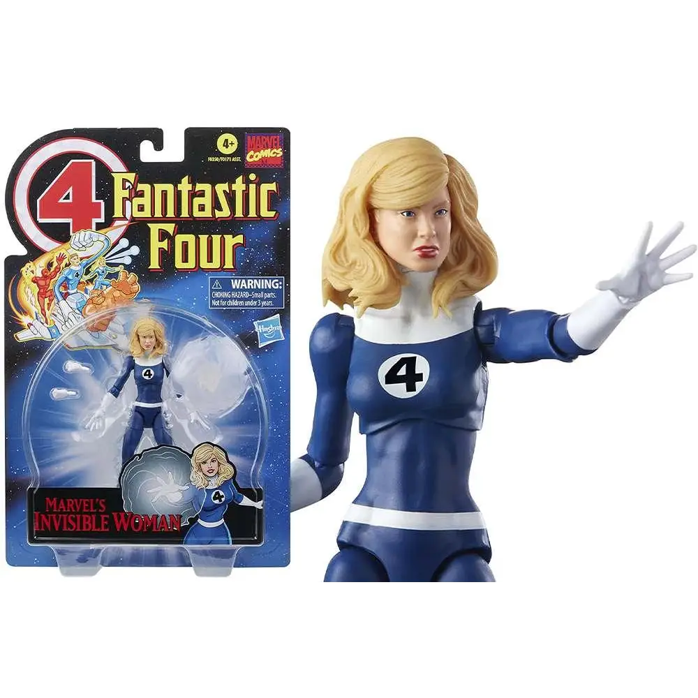 Blå och vit Marvels Invisible Woman-figur med ikonisk kostym och nummer 4 på bröstet