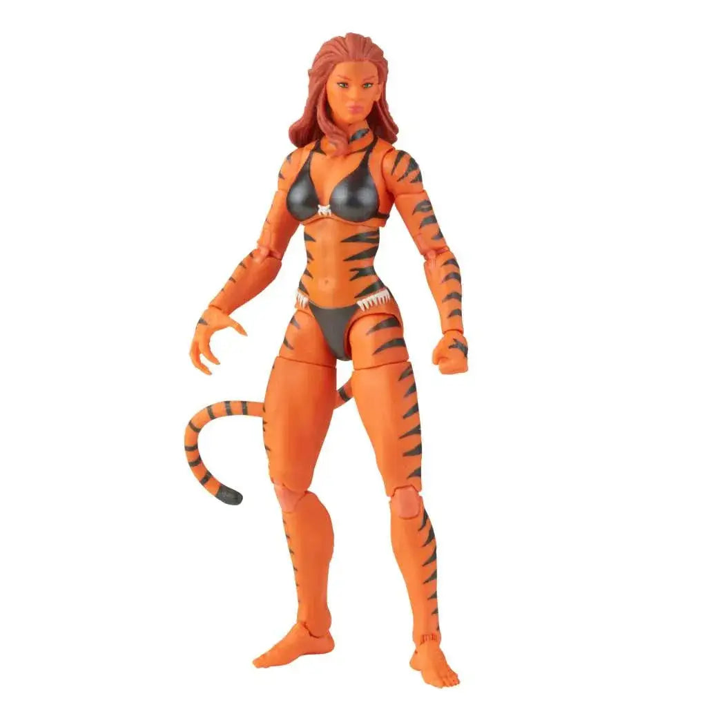 Vintage Marvel Legends Tigra actionfigur med tigerstrimmigt orange-svart mönster, svans och bikini