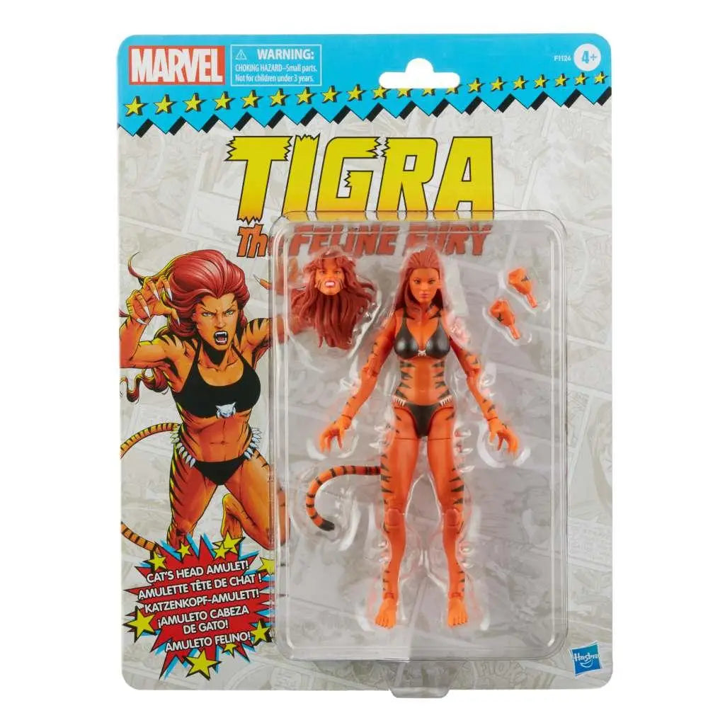Marvel Legends Vintage Tigra actionfigur i tigerstrimmad förpackning