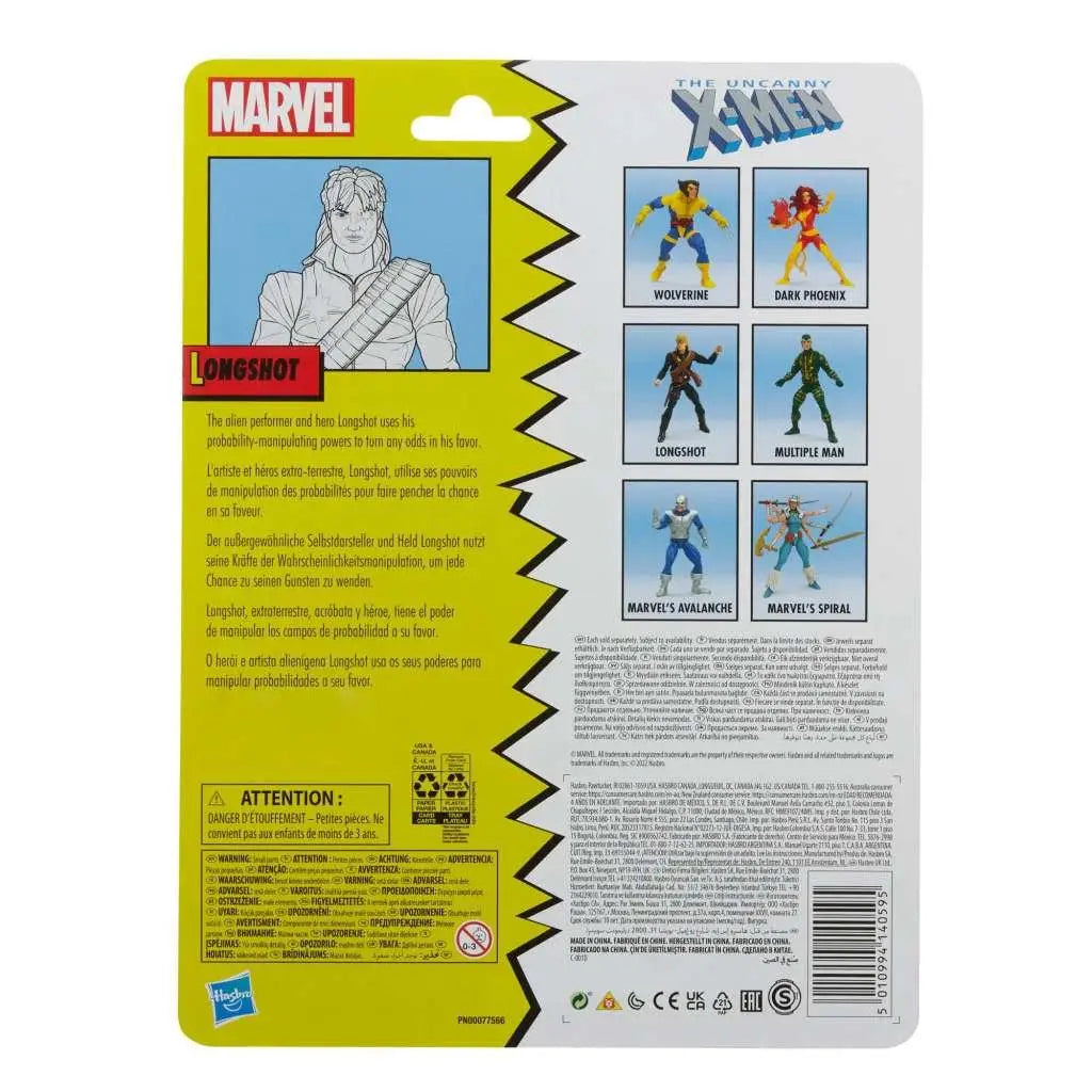 Marvel Legends Vintage X-Men Longshot-figur i retroförpackning med gul-vit design