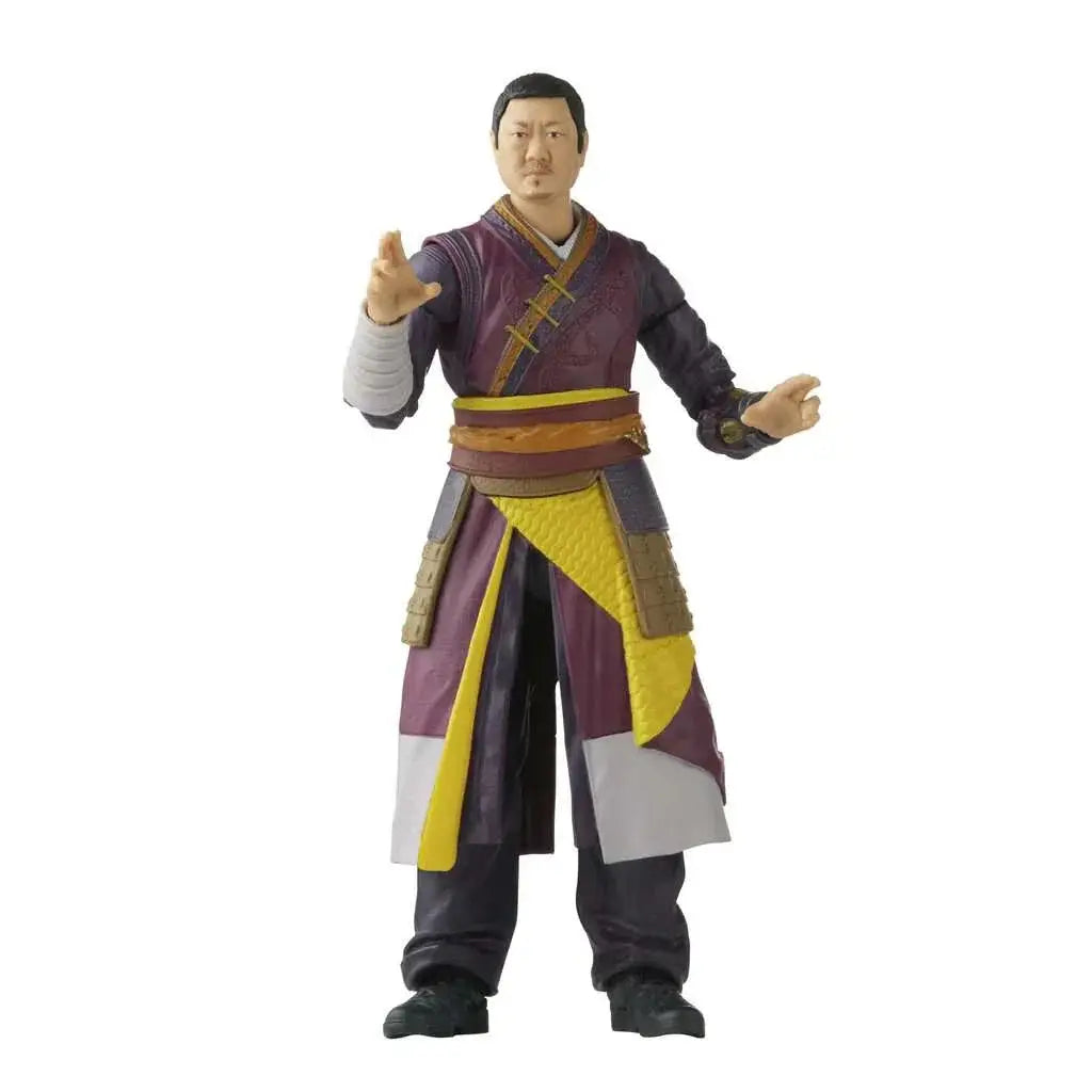Lila och gul Marvel Legends Wong actionfigur i traditionella robes med brunt bälte