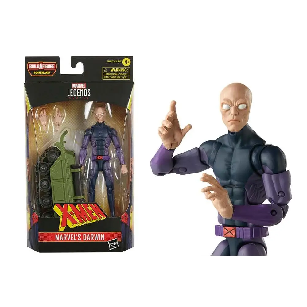 Marvel Legends X-Men Darwin actionfigur i lila svart dräkt med grön tank, i Marvel Legends-box