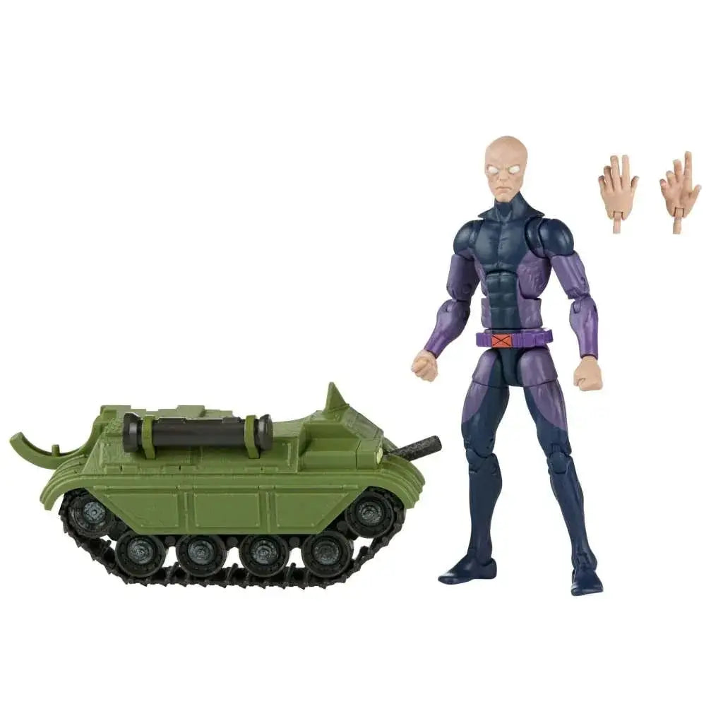 Lila och svart rustad figur med rött spänne bredvid olivgrön tank, Marvel Legends X-Men Darwin