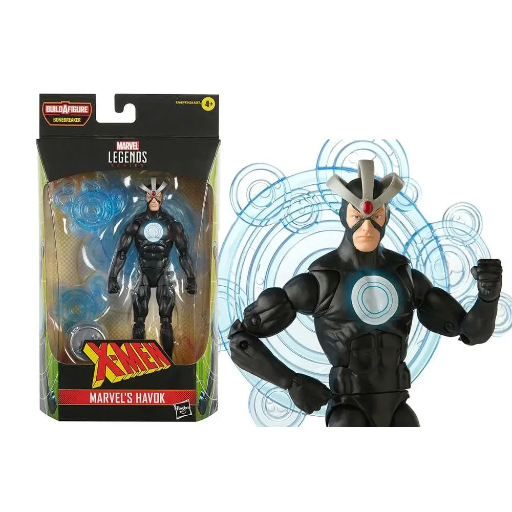 Svart Marvel Legends Havok actionfigur med silverröda accenter på hjälmen och blå emblem på bröstet
