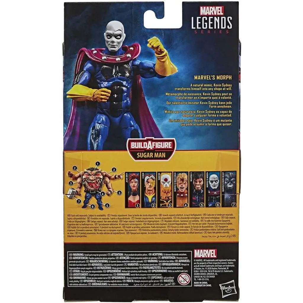 Marvel Legends X-Men Morph actionfigur med Sugar Man-figur vit ansikte svarta ögonmask och röd mantel silverdetaljer
