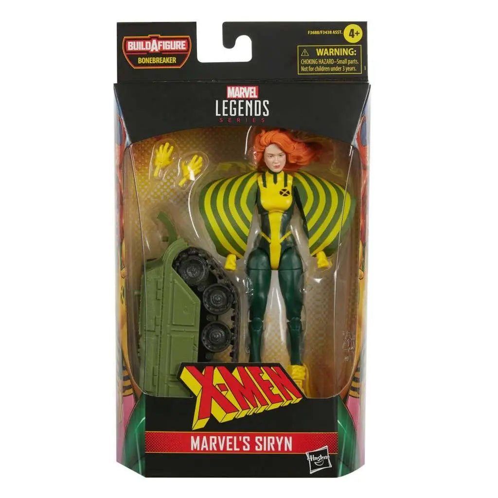 Marvel Legends X-Men Siryn actionfigur i gul-grön randig kostym med orange hår i officiell box