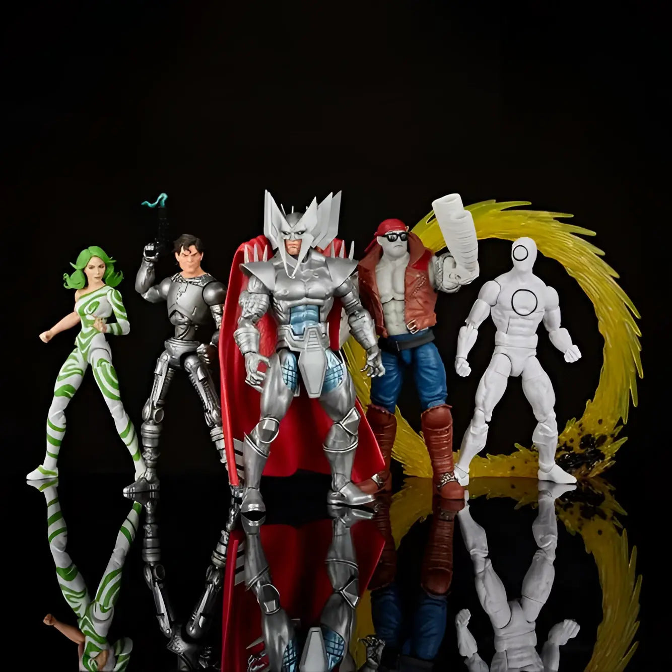 Silver and red armored X-Men villain with winged helmet before yellow energy swirl in Marvel Legends multipack