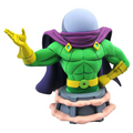 Grön och gul Mysterio-bystfigur med lila mantel på grå sockel, Marvel 1/7-skala