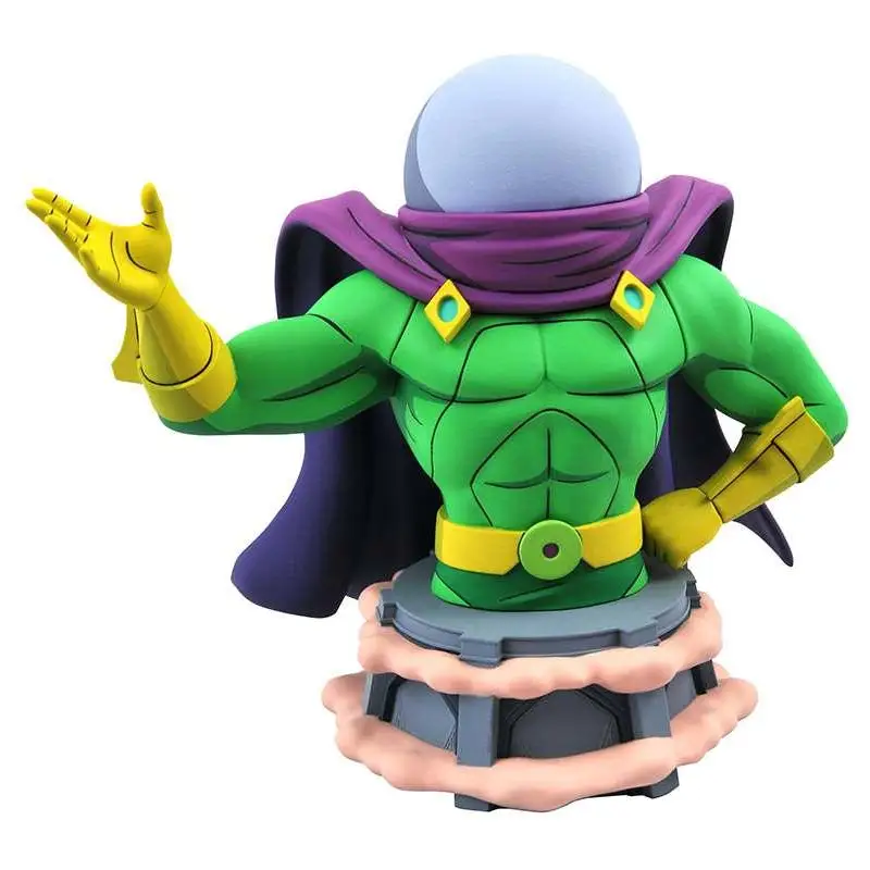 Grön och gul Mysterio-bystfigur med lila mantel på grå sockel, Marvel 1/7-skala