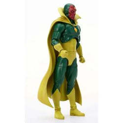Marvel Select Vision actionfigur med grön-gul design, rött ansikte, guldkappa och detaljerad rustning