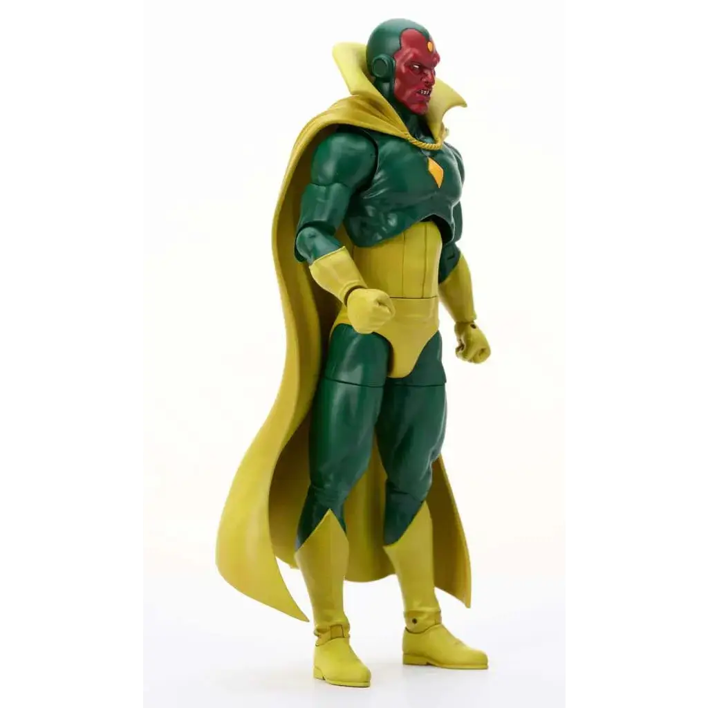 Marvel Select Vision actionfigur med grön-gul design, rött ansikte, guldkappa och detaljerad rustning