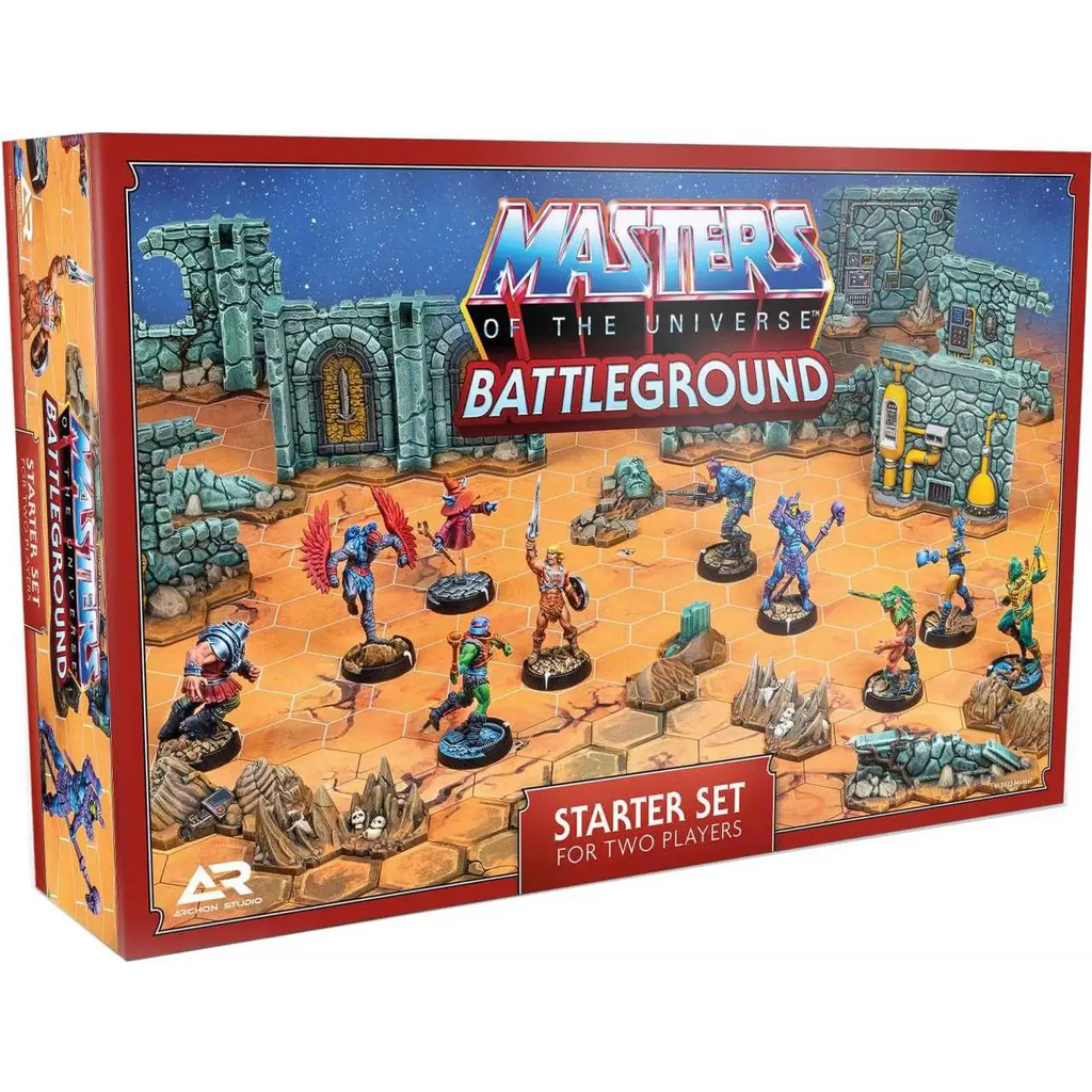 Masters of the Universe Battleground starterset för två spelare med färgglada figurer och stenig terräng på hexagonalt rutnät