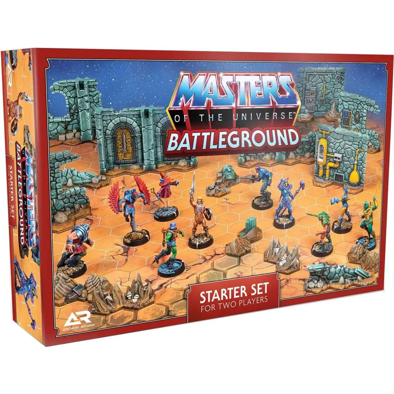 Masters of the Universe Battleground starterset för två spelare med färgglada figurer och stenig terräng på hexagonalt rutnät