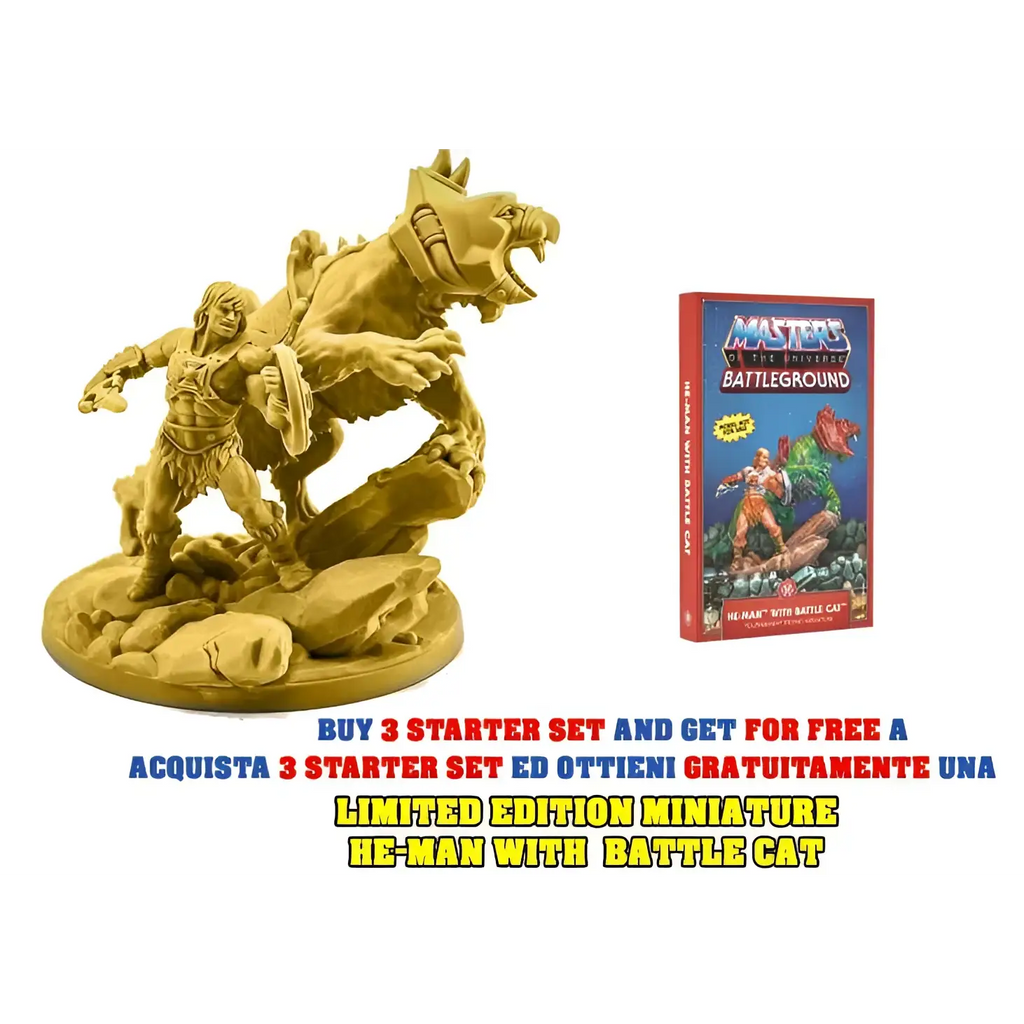 Guld He-Man-figur med Battle Cat i dynamisk pose på klippig terräng, Masters of the Universe