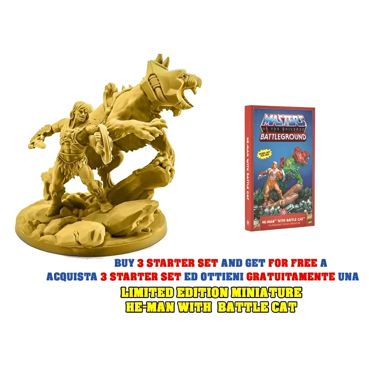 Guld He-Man-figur med Battle Cat i dynamisk pose på klippig terräng, Masters of the Universe