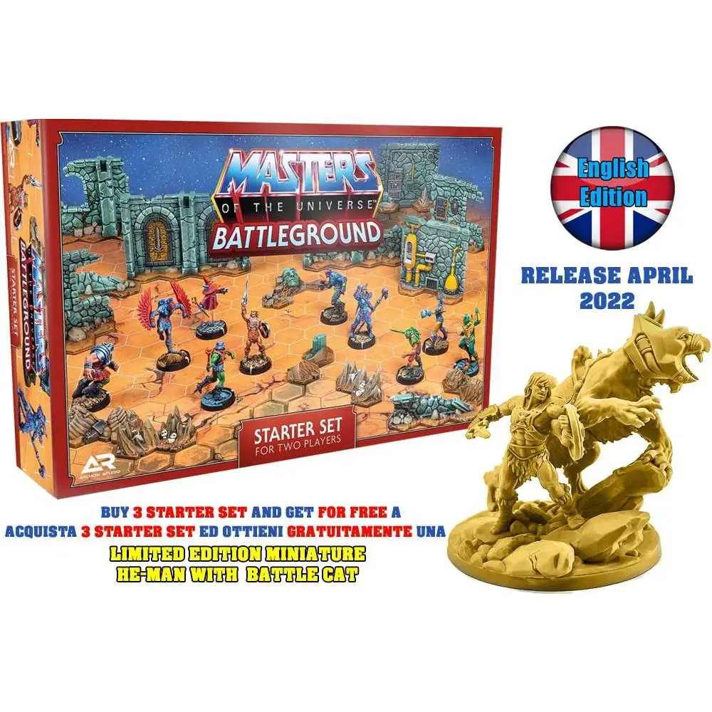 Guldplast He-Man-figur med Battle Cat i dynamisk pose på stenbas, från Masters of the Universe: Battleground - Starter Set (engelska)