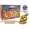 Guldplast He-Man-figur med Battle Cat i dynamisk pose på stenbas, från Masters of the Universe: Battleground - Starter Set (engelska)