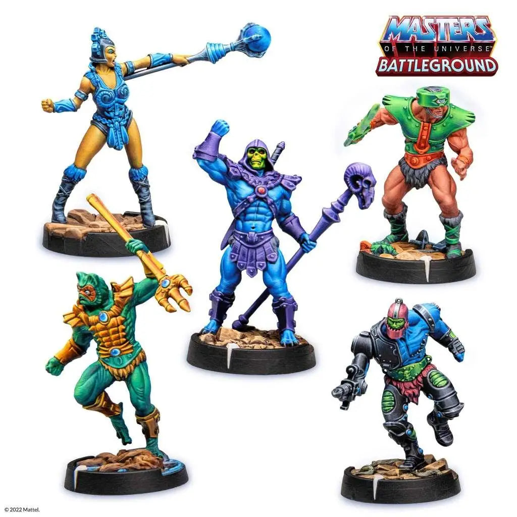 Vibranta blå och lila Masters of the Universe Battleground-figurer på svarta baser