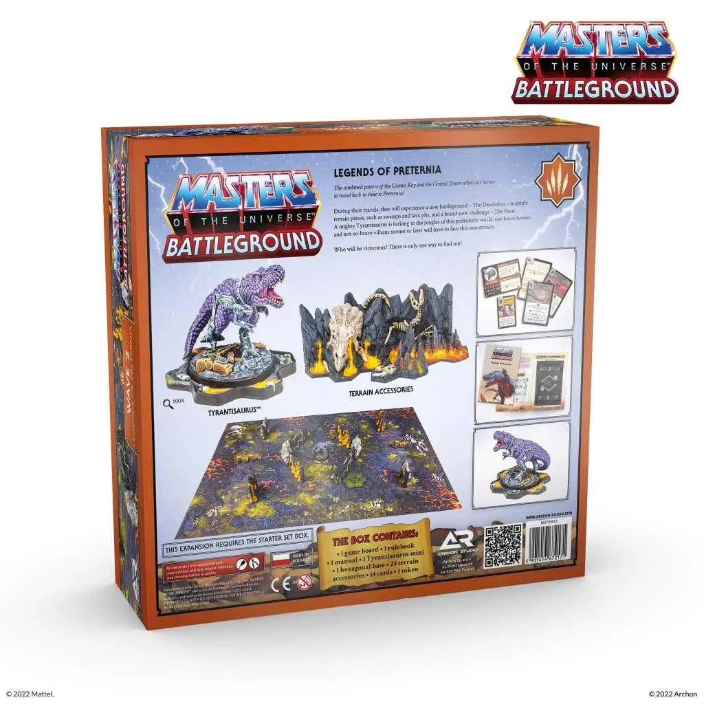 Lila tyrannosaurus-figur med skrovlig hud och vassa tänder på stenbas, Masters of the Universe: Battleground - Wave 2 - Legends of Preternia