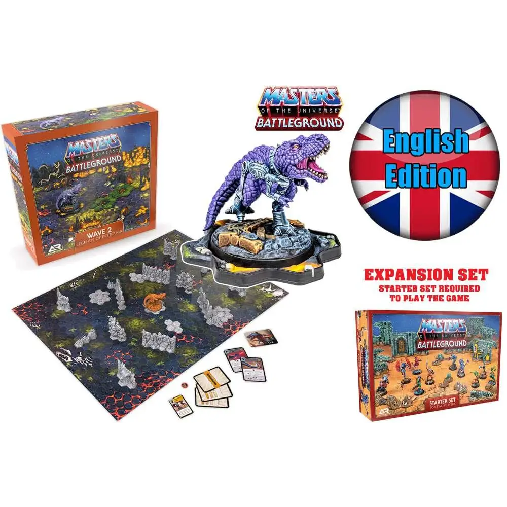 Lila metallisk dinosauriefigur med detaljerad rustning och öppen mun på stenbas från Masters of the Universe: Battleground - Wave 2: Legends of Preternia