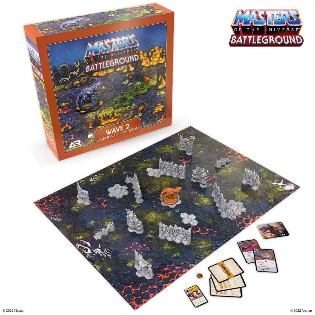 Masters of the Universe Battleground Wave 2: Vibrant hexagonal playmat med eldorange och mörkblå terräng, omgiven av vita stenliknande strukturer