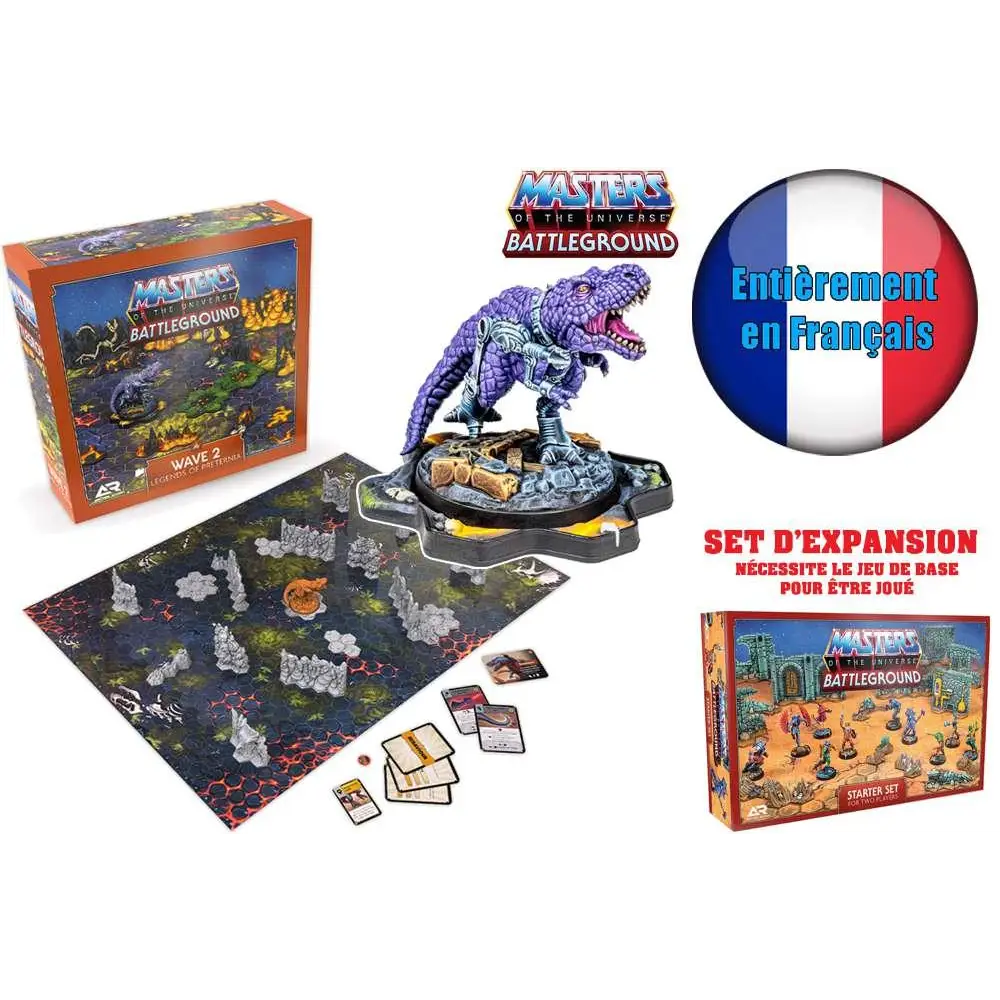 Lila metallisk dinosauriefigur med detaljerade fjäll och mekanisk rustning på stenbas från Masters of the Universe: Battleground - Wave 2 - Legends of Preternia