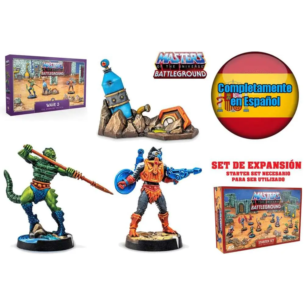 Grön, fjällig reptilkrigare med svans och blå byxor håller spjut i actionpose från Masters of the Universe: Battleground - Wave 3 - Evil Warriors