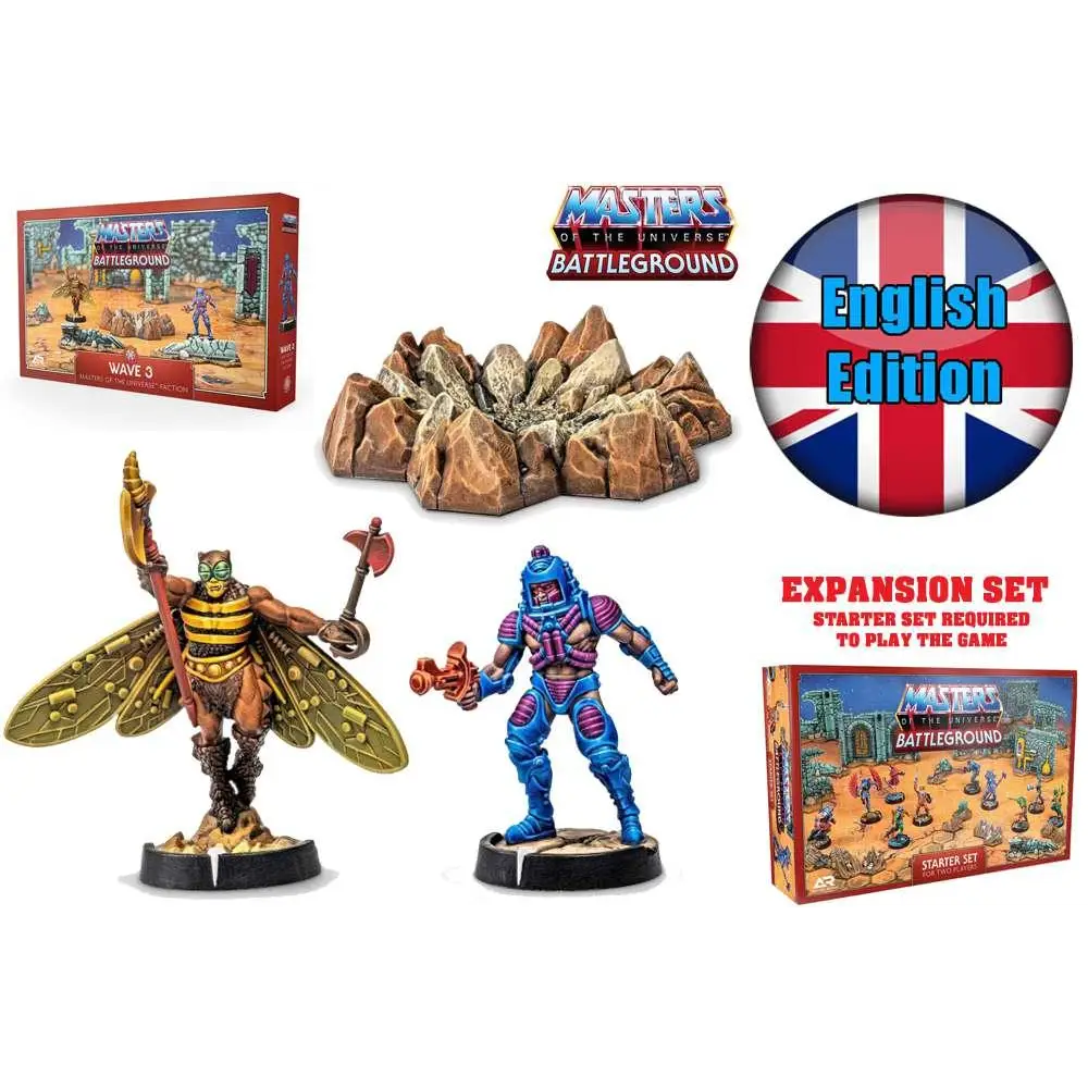 Blå och lila rustad figur med röd vapen från Masters of the Universe: Battleground